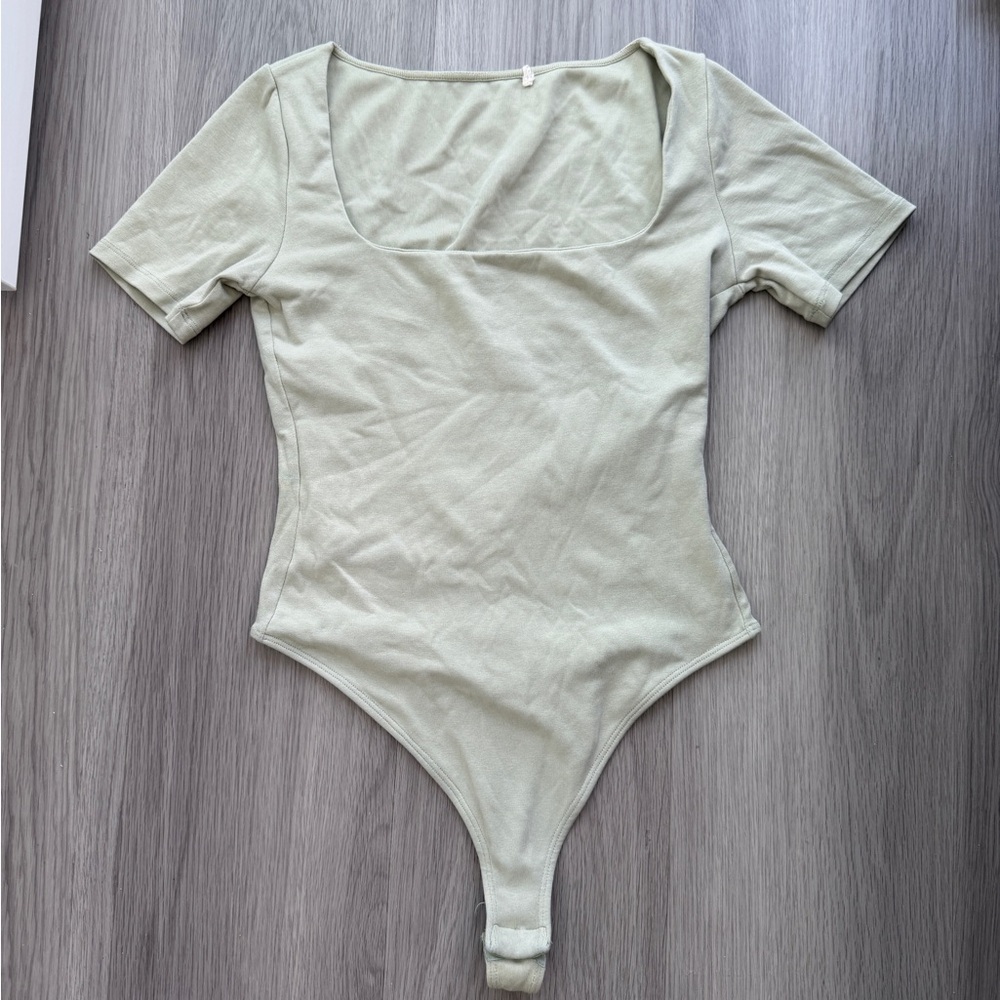 Square Neck Short Sleeve Bodysuit in Sage Green